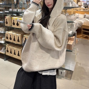 杏色连帽毛衣小众针织衫女装秋冬季休闲慵懒撞色宽松咖色打底上衣