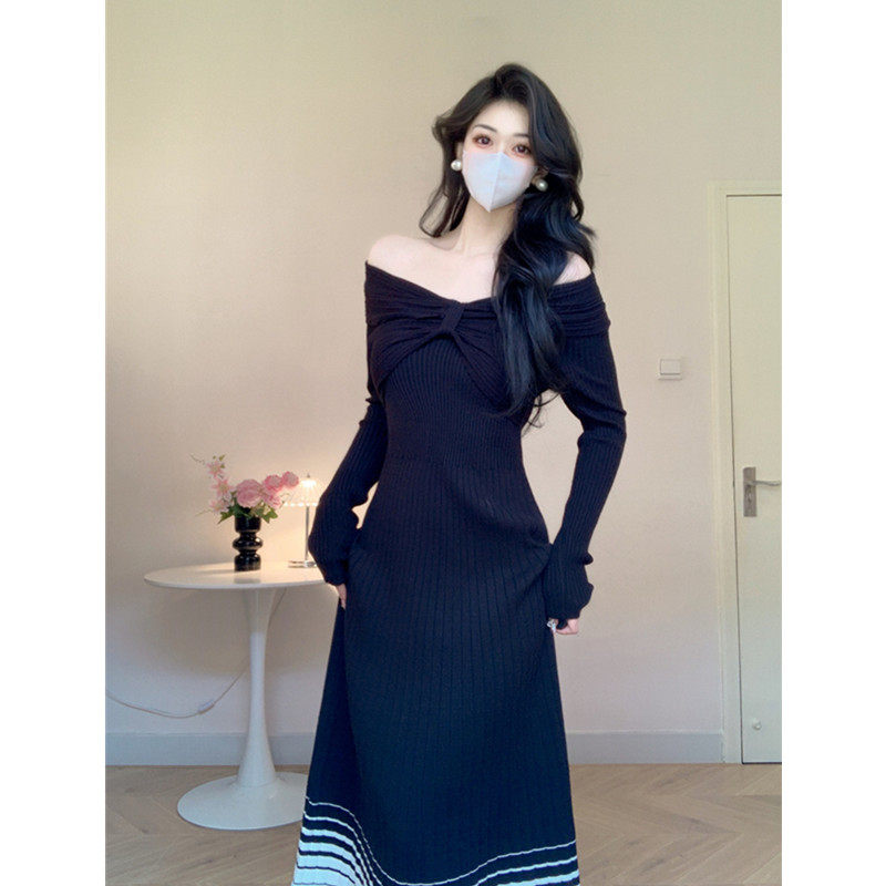 韩版A字裙针织连衣裙纯色一字肩