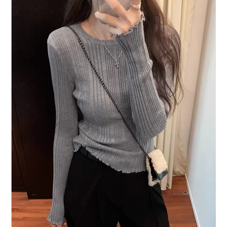 法式针织打底衫坑条简约圆领上衣