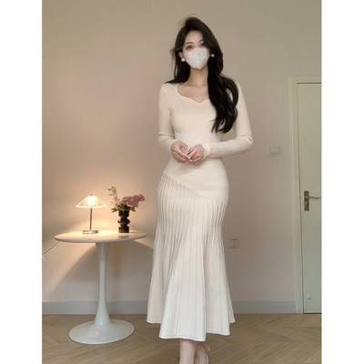 超好看长裙秋冬杏色针织温柔风