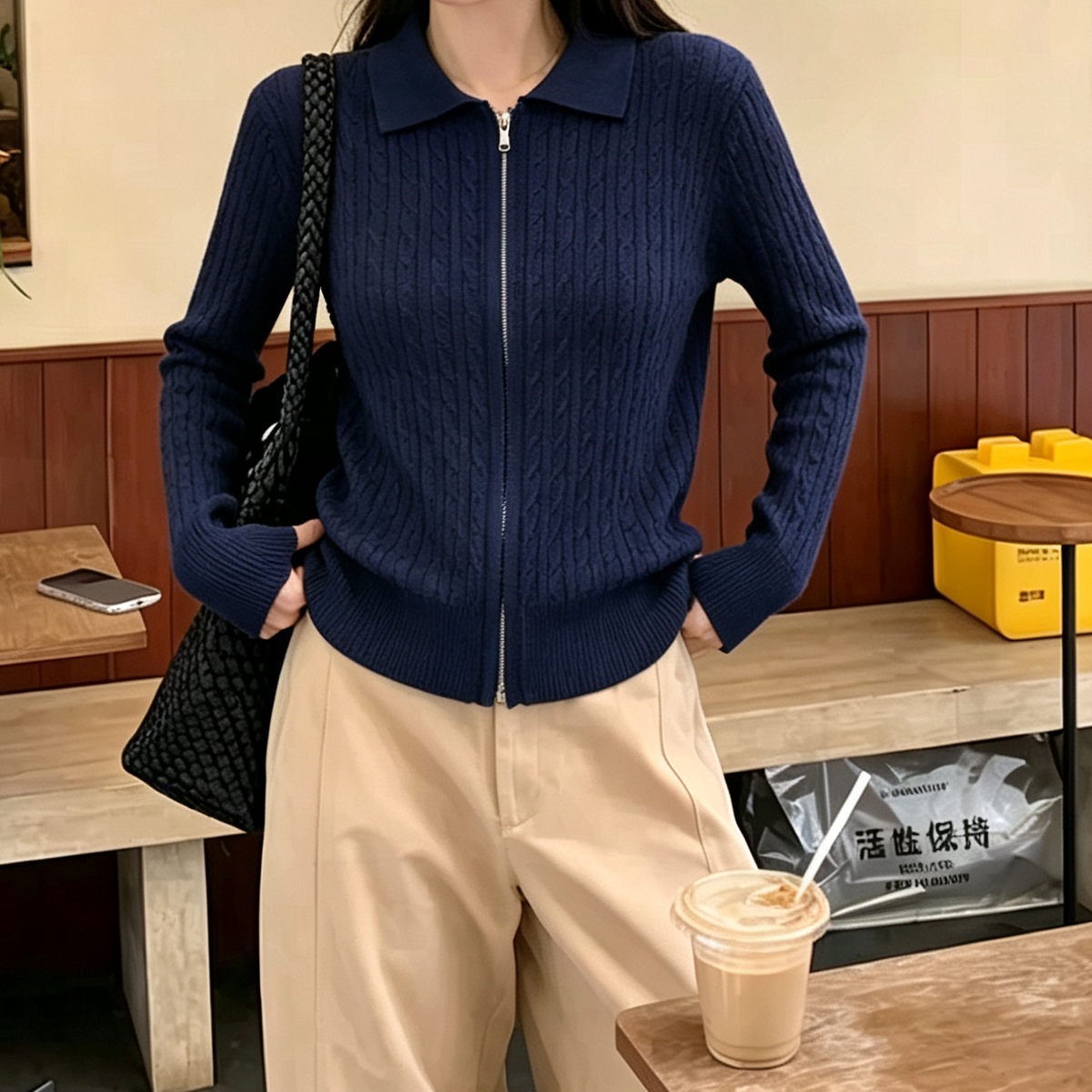 初秋冬长袖麻花纹翻领拉链毛衣针织开衫女辣妹短款显瘦百搭外套潮