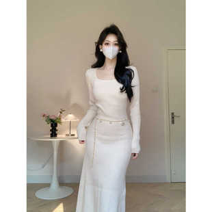 Amy 步步生莲 店外贸品质针织方领鱼尾包臀连衣裙秋冬高级感修身