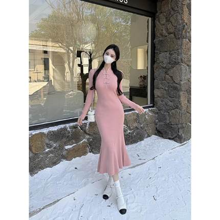 新中式国风改良旗袍针织连衣裙女秋冬气质包臀鱼尾裙盘扣内搭长款