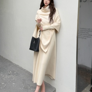 法式 女秋冬宽松显瘦长裙气质披肩针织连衣裙两件套 温柔风高领时尚