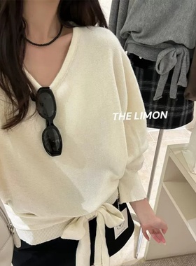 灰色V领软糯配腰带毛衣女秋冬慵懒松弛感宽松蝙蝠衫独特别致上衣