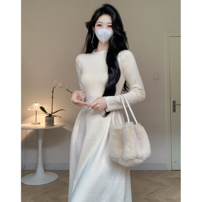 韩版大摆裙针织纯色收腰