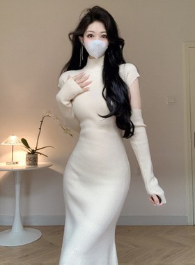 Amy的店外贸品质针织性感紧身连衣裙收腰褶皱气质袖套包臀鱼尾裙