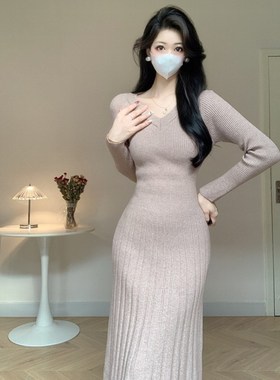 Amy的店外贸品质针织连衣裙V领修身显瘦长款过膝百搭内搭包臀长裙
