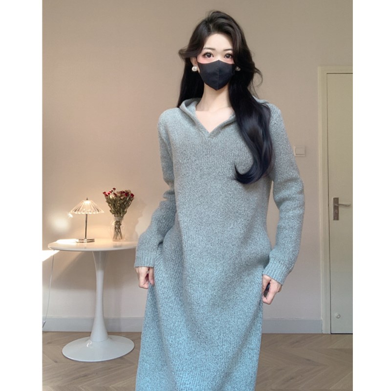 韩版直筒裙宽松毛衣裙女加厚连帽