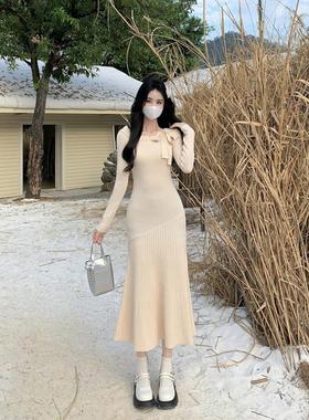 Amy的店外贸品质针织连衣裙高级感时尚百搭韩版女拼接长款毛衣裙