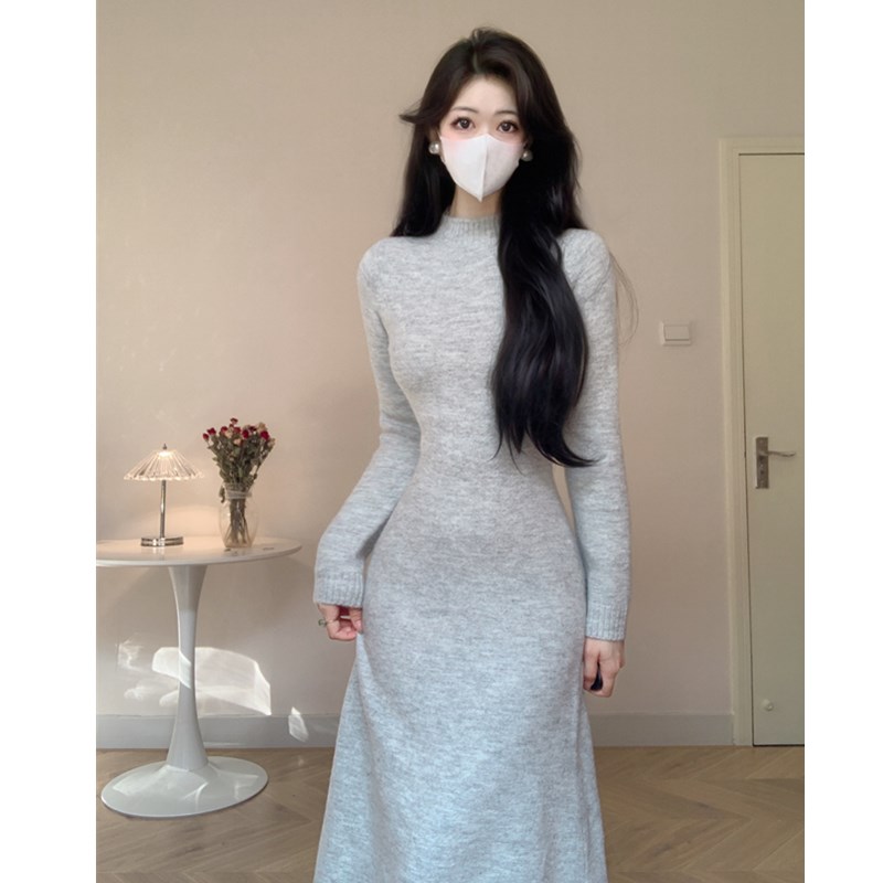 韩版A字裙毛衣纯色长款毛衣裙女