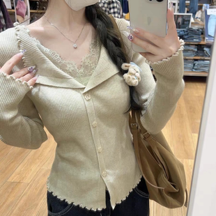 针织蕾丝修身女装假两件打底衫2025秋冬新款韩版休闲甜美气质上衣