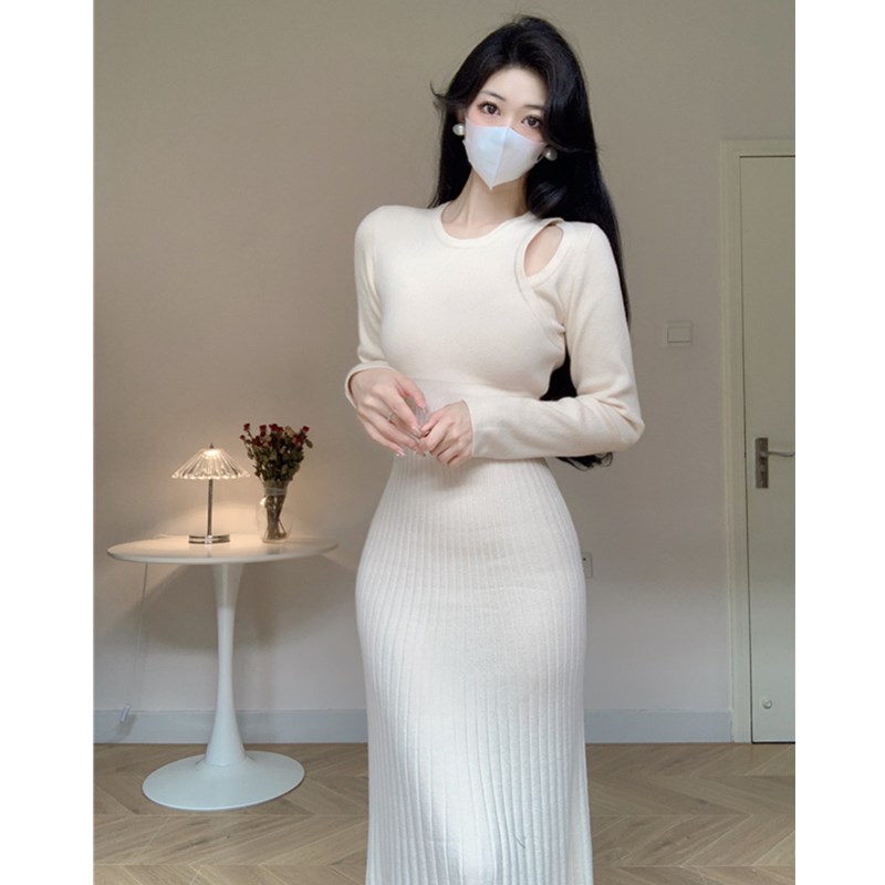韩版A字裙针织纯色连衣裙