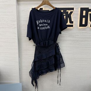 欧洲站2026夏新款字母T袖连衣裙女收腰显瘦+可脱卸不规则蕾丝裙摆