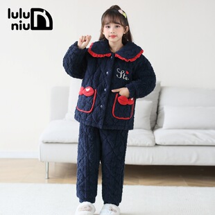 噜噜牛儿童夹棉睡衣珊瑚绒三层加绒加厚中大童女童法兰绒家居服