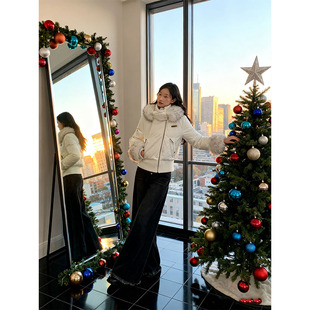 parkyeon温柔风毛领连帽棉服外套女高腰黑色毛边牛仔裤套装