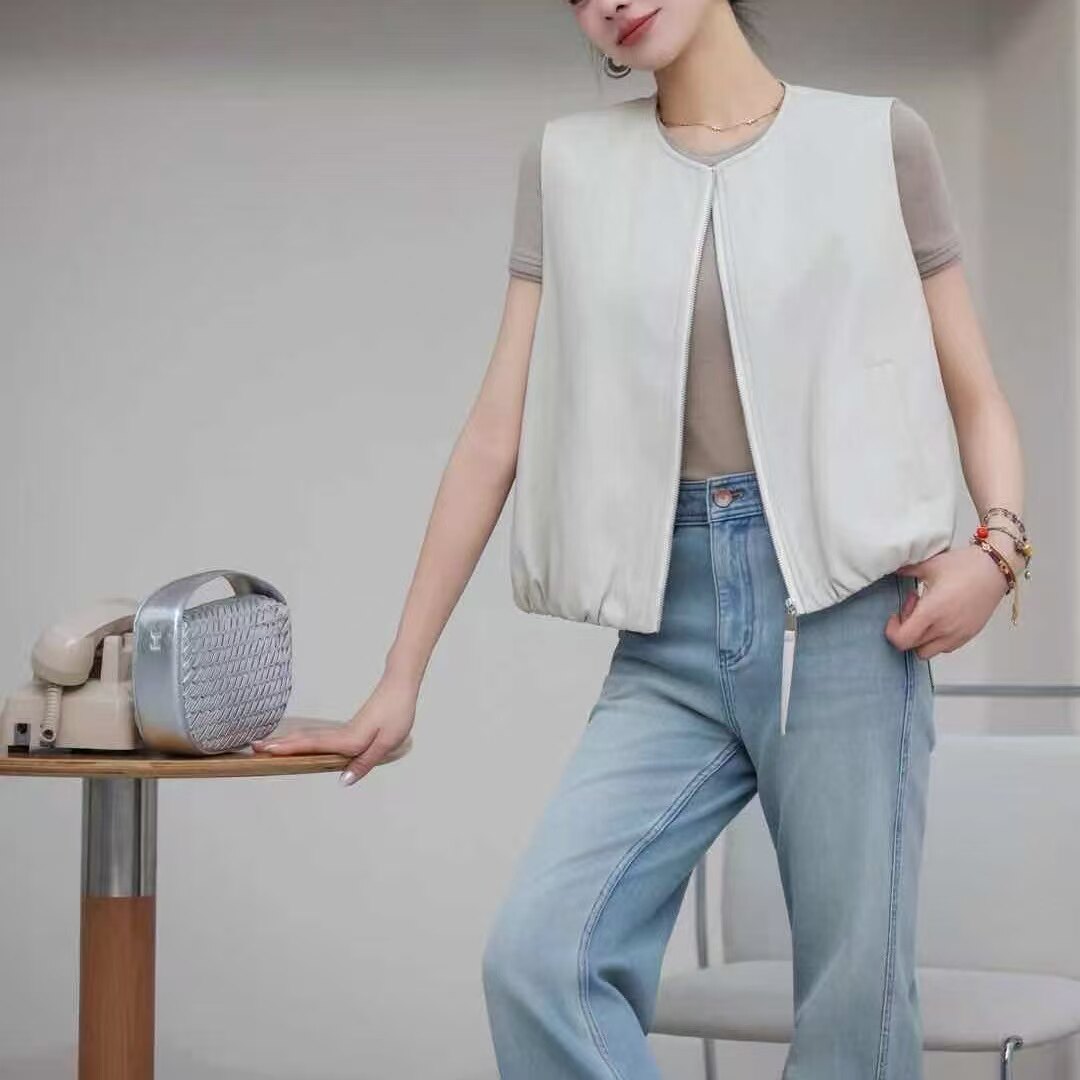 26B25韩版时尚宽松圆领抽绳收腰蛋白皮马甲背心无袖外套女2026春