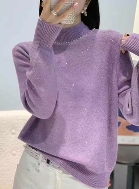 53127半高领重工钉珠亮片羊毛针织衫女2025秋冬新款宽松百搭毛衣