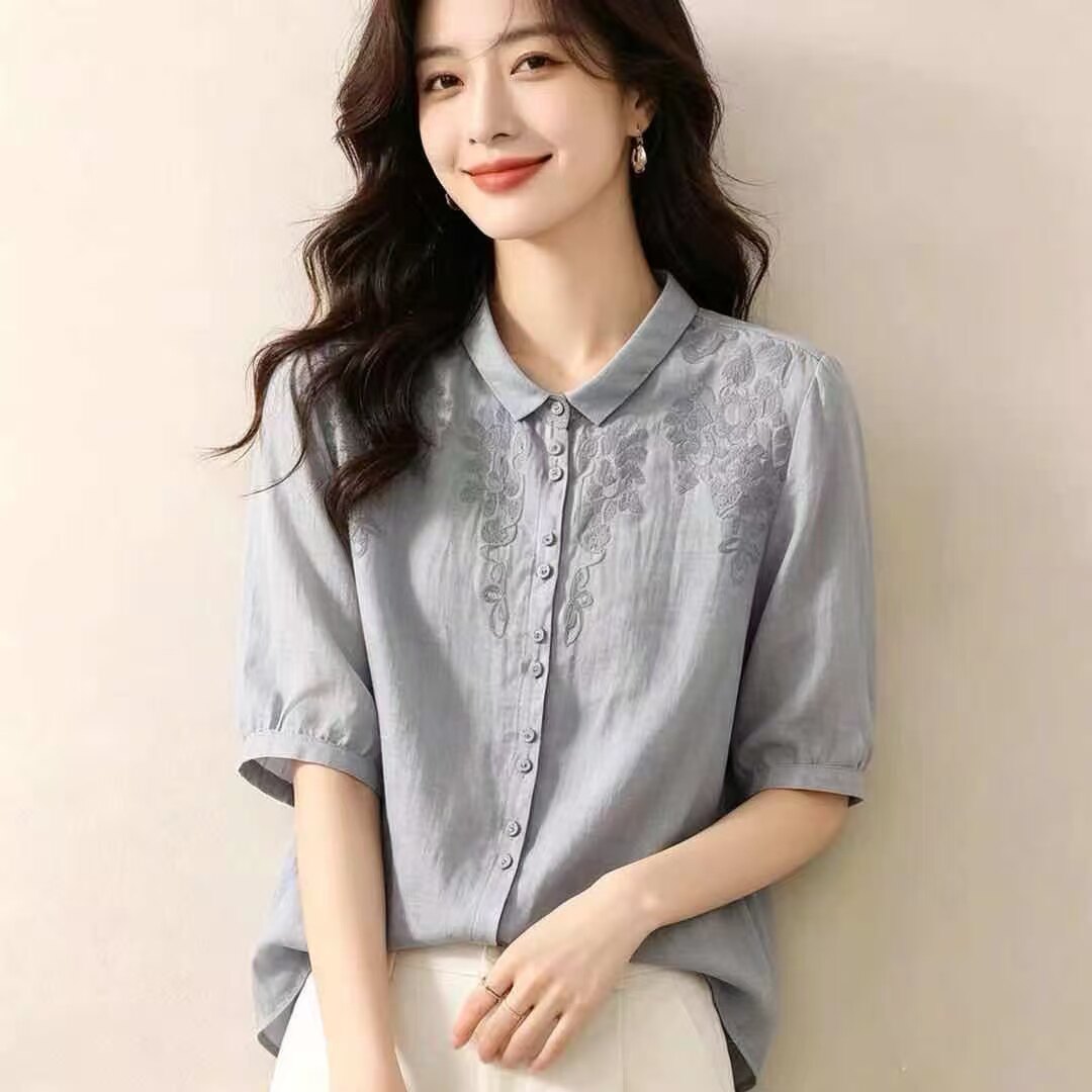 461 苎麻100%衬衫女2026夏新款重工刺绣前短后长遮肉麻料宽松上衣