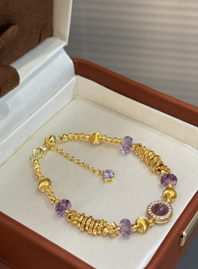 蕾迪【紫色风铃】转动巴西紫水晶s925银镀真金盘缠猫眼手链女气质