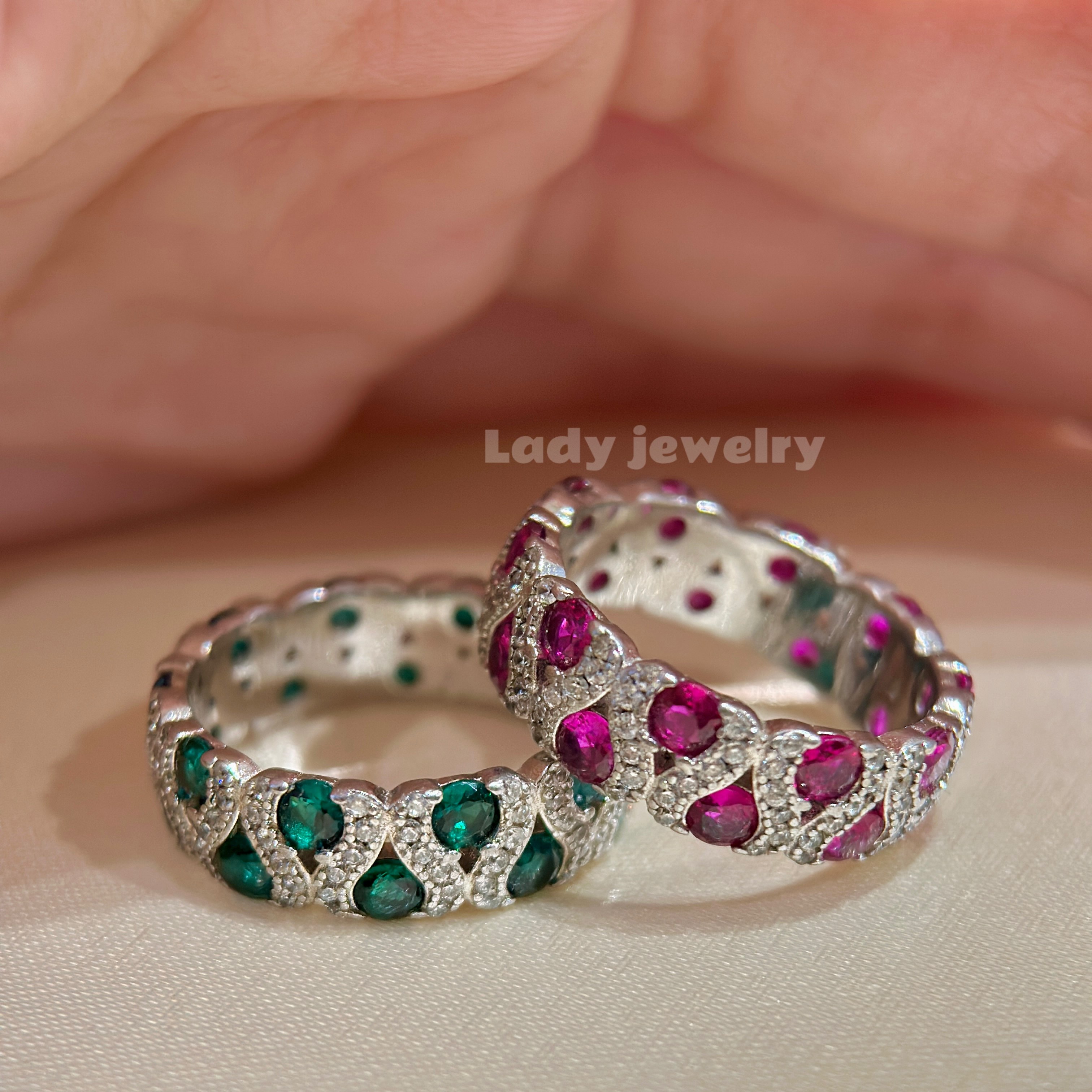 蕾迪高定【热烈】s925银宽版彩宝双排时尚百搭戒指