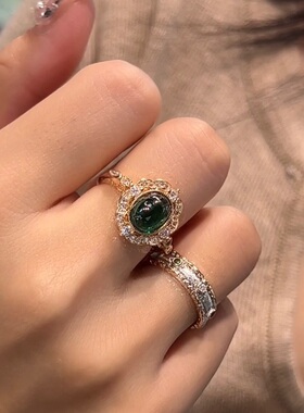 蕾迪高定意大利工艺设计宫廷复古风帝王绿蛋面戒指