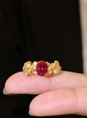 蕾迪［红色莫奈花园］拉丝立体花苞s925银镀金2克拉复古轻奢戒指