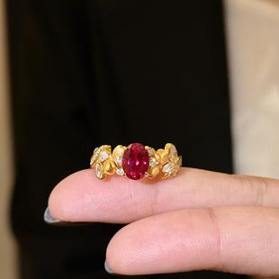 蕾迪［红色莫奈花园］拉丝立体花苞s925银镀金2克拉复古轻奢戒指