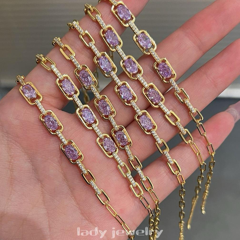 蕾迪s925银镀真金环环相扣薰衣草紫色手链女小众轻奢气质15+3cm