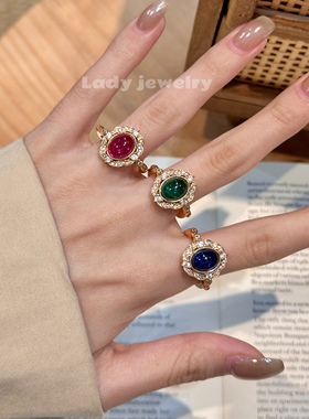 蕾迪高定内镶莫桑明月进口复古椭圆形意大利百搭工艺戒指