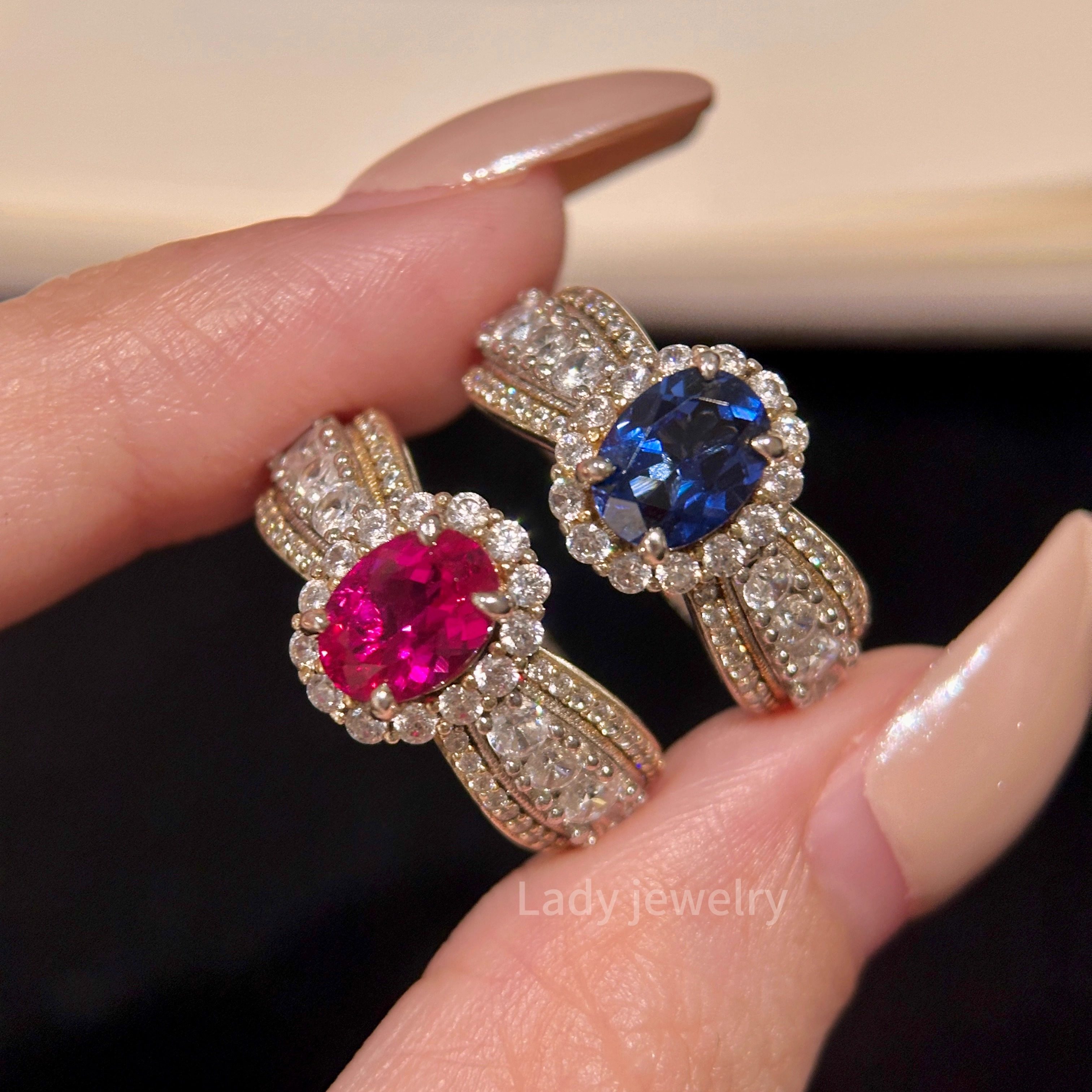 蕾迪【蕾丝鸽子蛋】 s925银培育红蓝宝分金高定钻戒高级感女戒指,饰品/流行首饰/时尚饰品新,银饰戒指,淘宝优惠券,粉丝福利购,淘宝优惠卷