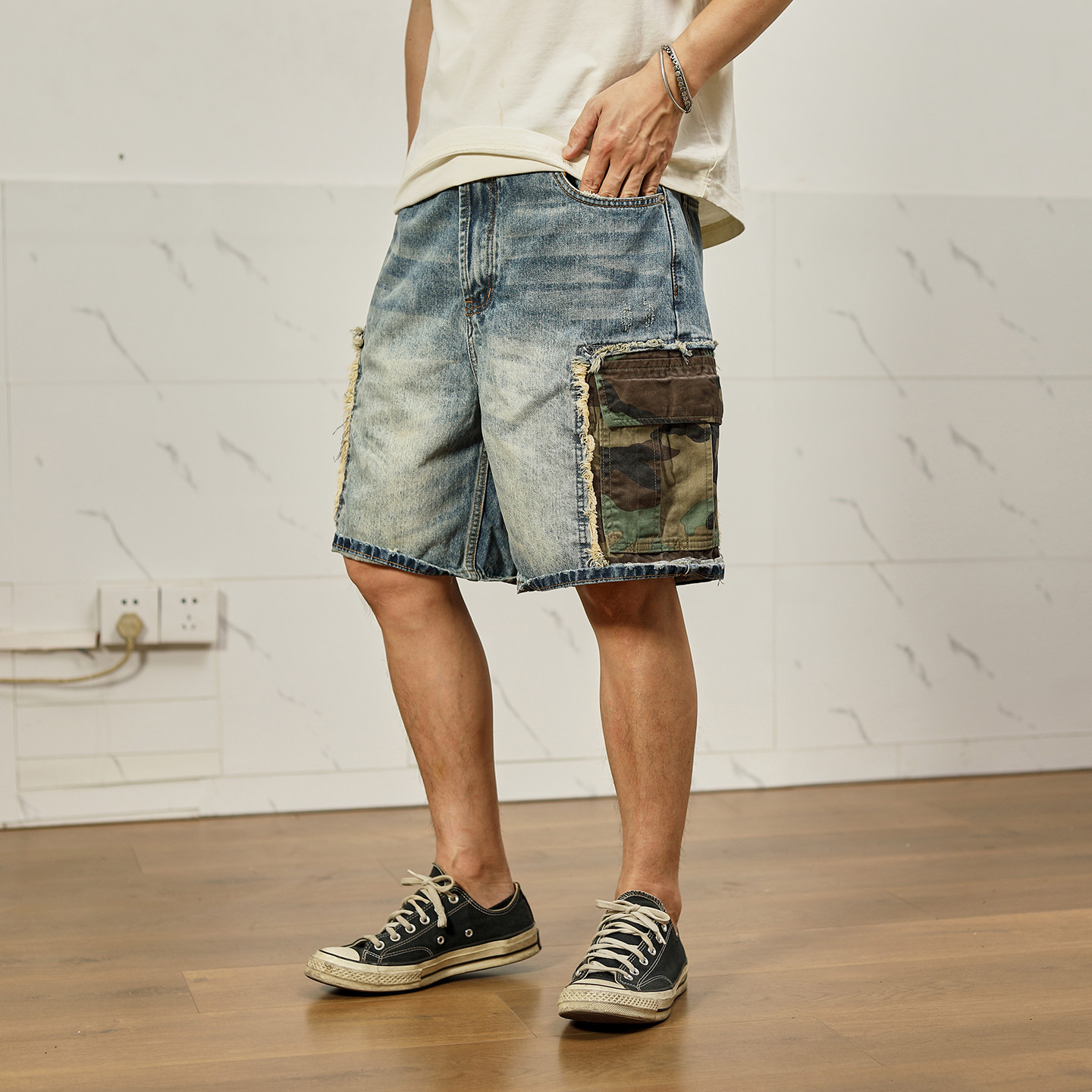 美式复古迷彩牛仔工装五分短裤男
