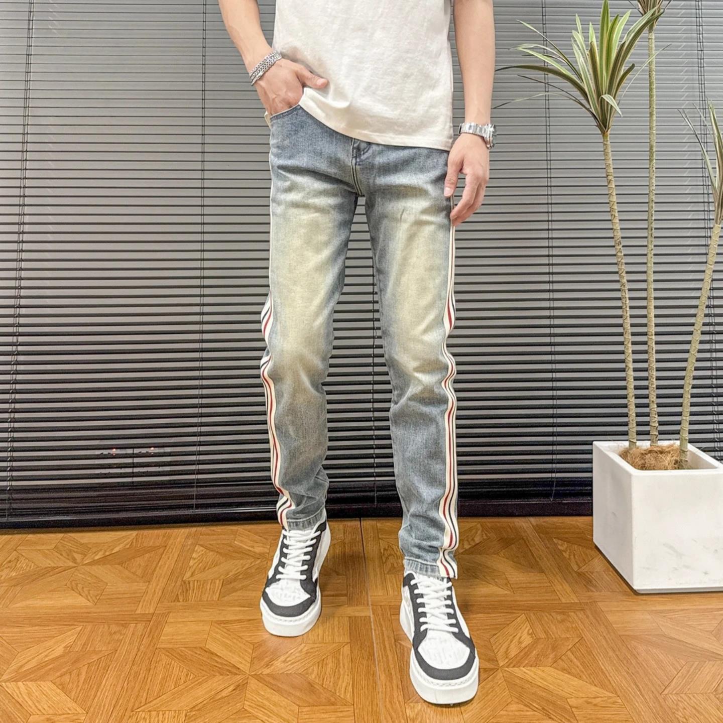 夏季男修身镶边条纹牛仔烟管裤