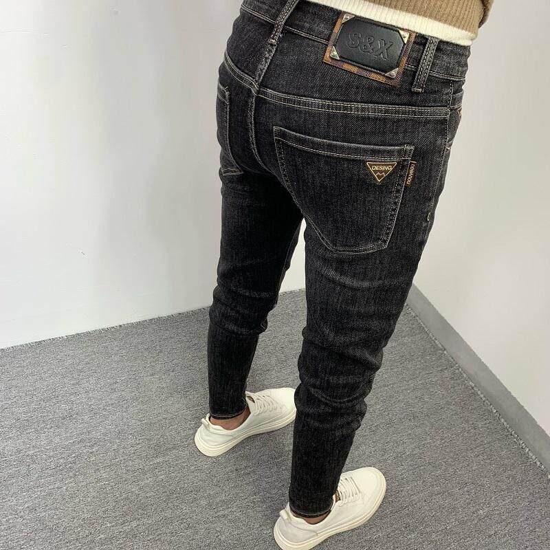 黑色修身牛仔裤男拉链中腰弹力高级长裤韩版潮流小脚裤显瘦四季款
