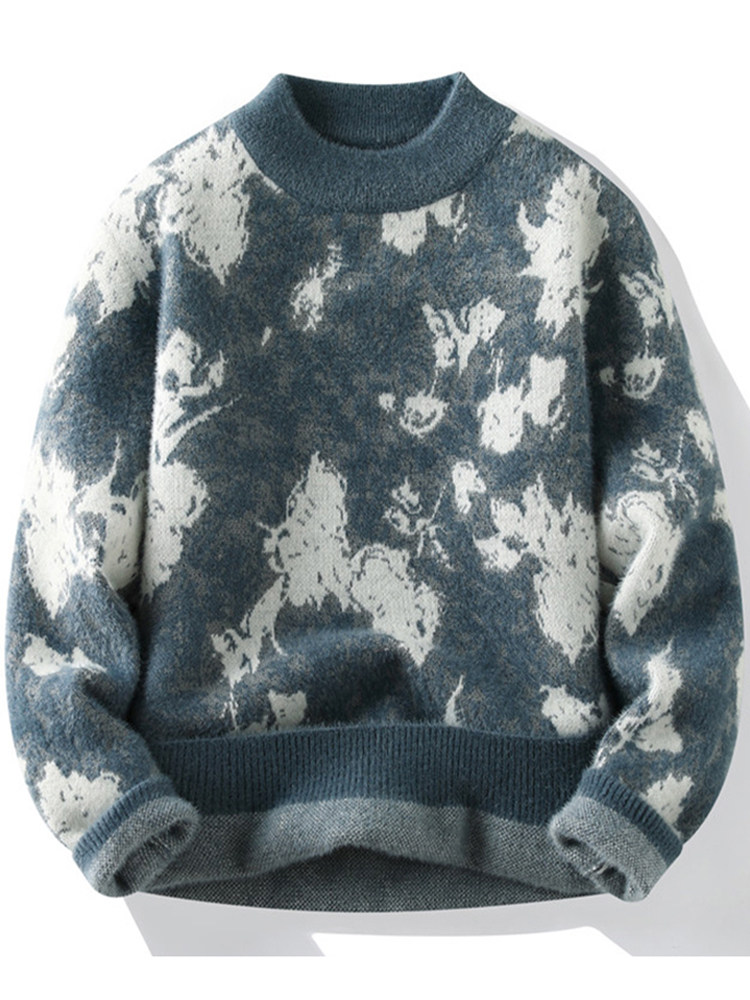 HANDSOME FLOWER SWEATER MENS WINTER DESIGN SENSE NICHE KNITWEAR MENS TEEN THICKENED WARM HALF-NECK THREAD