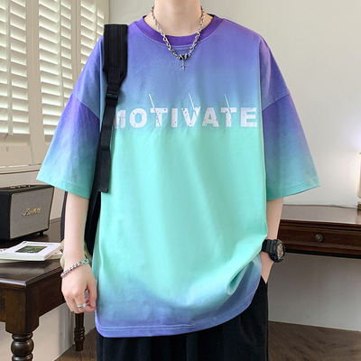 渐变色短袖t恤男夏季2024新款潮牌宽松冰丝半袖男青少年体恤上衣T