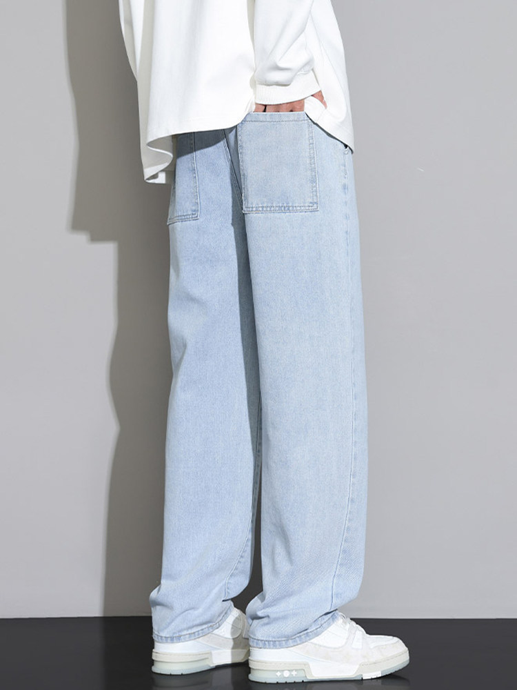 LIGHT BLUE JEANS MENS AUTUMN AND WINTER AMERICAN LOOSE STRAIGHT WIDE-LEG PANTS TRENDY BRAND WASH RETRO CASUAL LONG PANTS