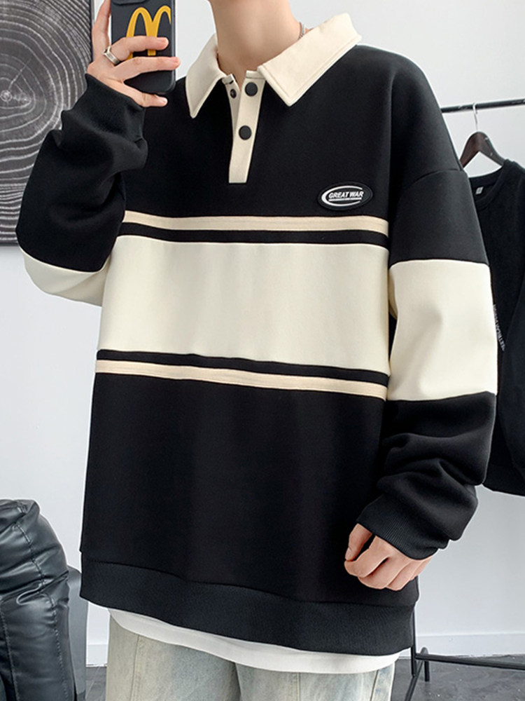 POLO NECK SWEATSHIRT TRENDY BRAND MENS SPRING AND AUTUMN STYLE STRIPED CONTRAST LONG SLEEVE T-SHIRT BASE COAT MENS INS TREND TOP CLOTHES