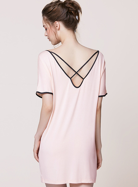 夏季性感睡衣睡裙家居服莫代尔丝质包边可外穿宽松短袖睡衣女夏