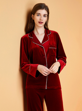 情侣睡衣女春秋结婚新婚本命年新娘红秋冬男长袖红色金丝绒家居服