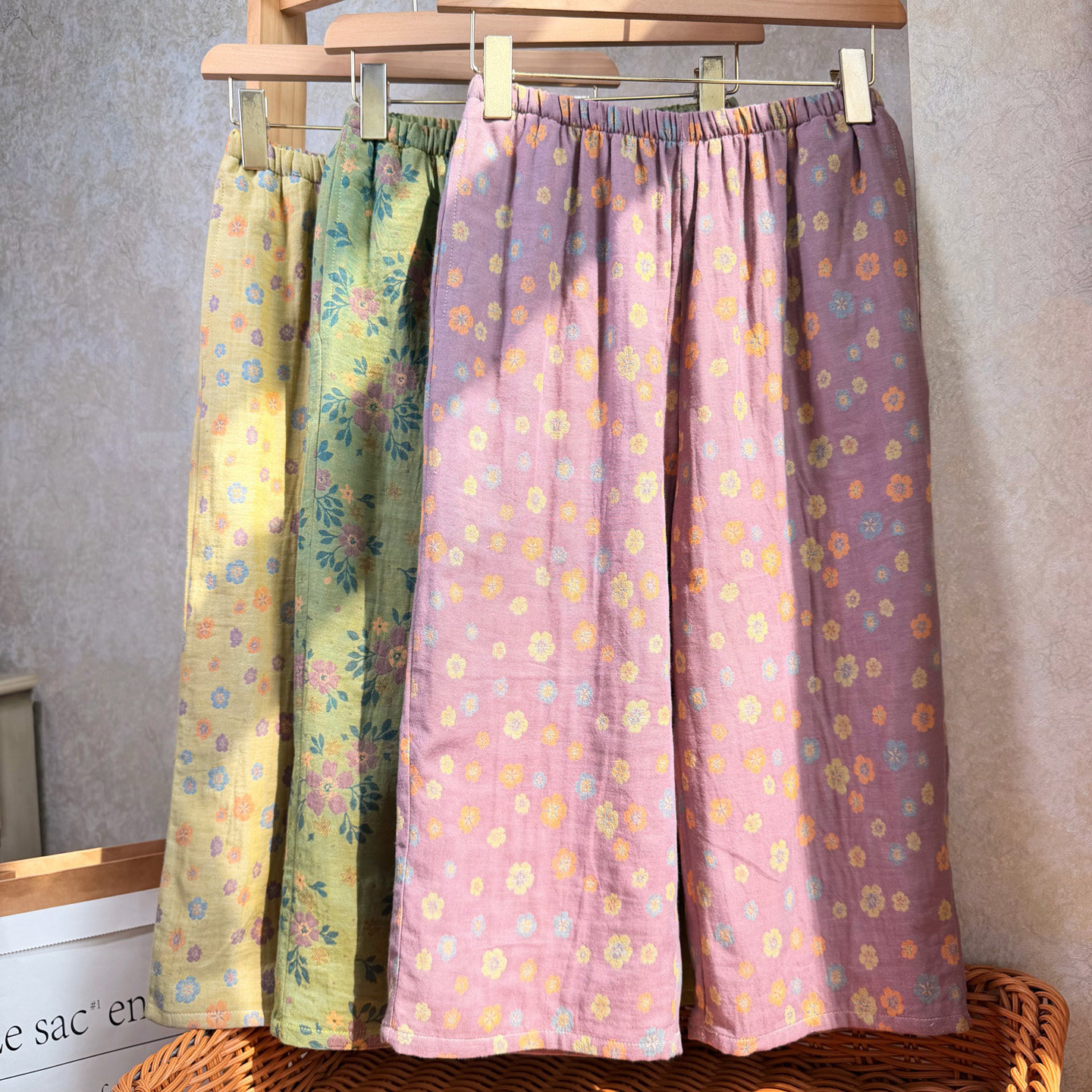 色织纱布纯棉七分睡裤女碎花家居裤春夏季宽松休闲可外穿遛弯裤子