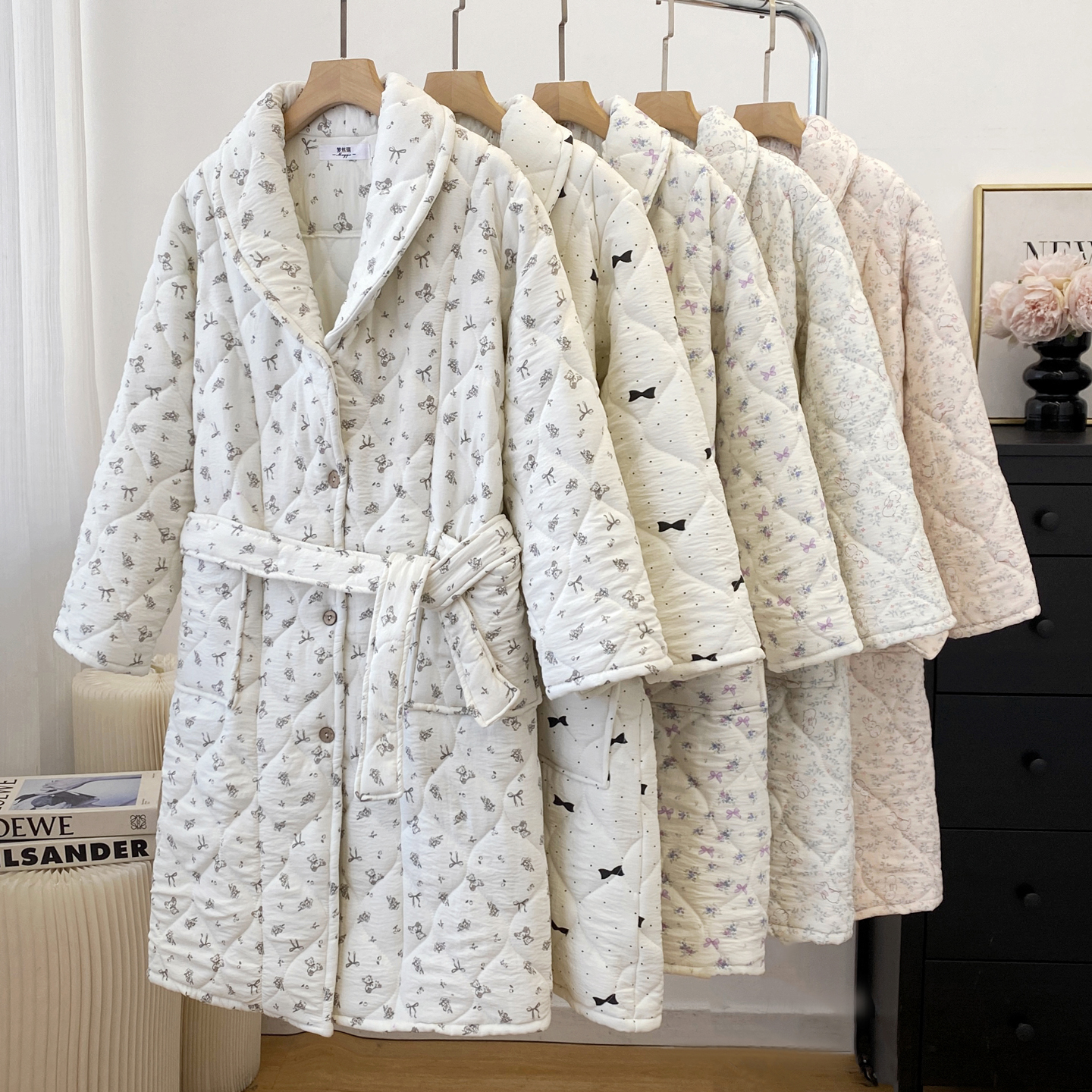 秋冬中长款系带碎花家居服大码卡通可爱云朵棉睡袍夹棉保暖浴袍