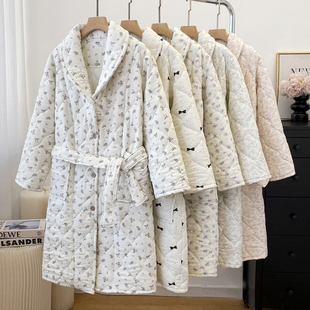 秋冬中长款系带碎花家居服大码卡通可爱云朵棉睡袍夹棉保暖浴袍