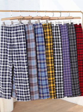 春秋纯棉睡裤男士格子磨毛家居加肥大宽松休闲遛弯可外穿蓝色长裤