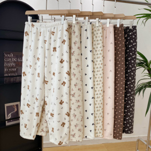 珊瑚绒睡裤女秋冬雪莉绒法兰宽松大码休闲碎花卡通保暖家居长裤子