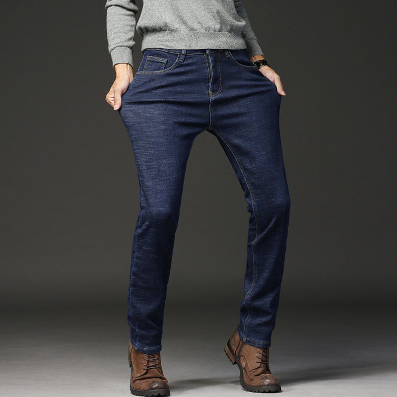 2025冬季新款修身直筒高弹力牛仔裤男青年加绒加厚弹性长裤子男装