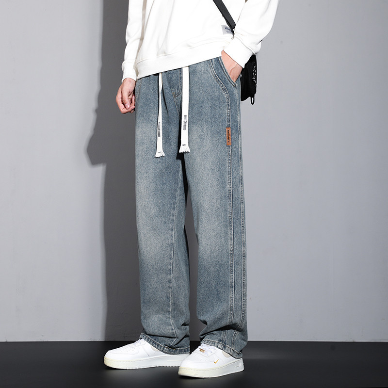 2025秋冬款高弹力松紧腰抽绳牛仔裤男青年弹性宽松直筒长裤子男装