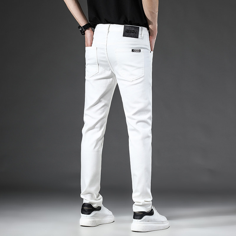 秋冬新款纯白色修身小脚弹力牛仔裤男士青年显瘦弹性长裤子潮男装