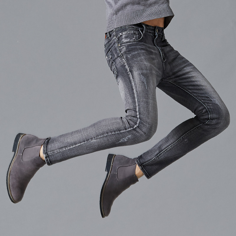 春秋新款高弹力牛仔裤男士烟灰色修身小脚弹性长裤子潮流男装大码