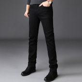 小脚长裤 男加绒修身 子大码 男装 秋冬季 厚款 商务超高弹力黑色牛仔裤